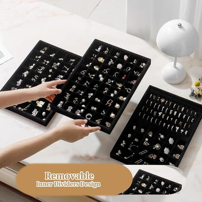 Large Velvet Jewelry Tray 2 Pack Stackable Jewelry Display Drawer Inserts Trays Organizer for Earring Bracelet Necklace Ring (Black, 48 Grids)