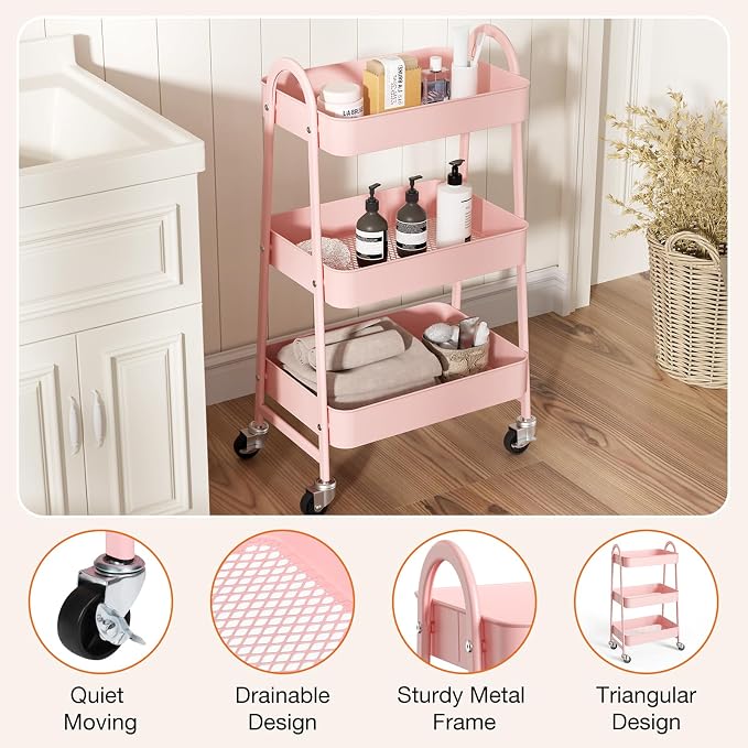 NEWBULIG 3-Tier Metal Rolling Storage Cart, Heavy Duty Mobile Utility Organizer Shelf with Lockable Wheels, Multifunctional Trolley for Daily Supplies, Home Indoor Daily Use, Pink