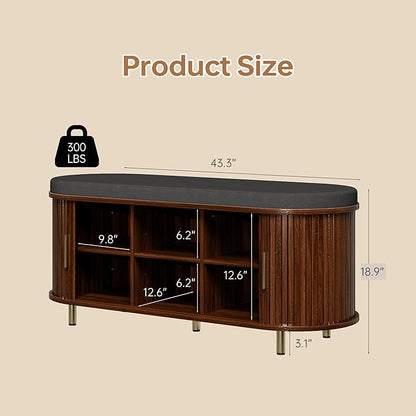 DHH 2-Tier Storage Bench, 43.3" Wide Shoe Bench with Thickened Padded Seat Cushion, Mid Century Modern Fluted Sliding Door and Adjustable Shelf, for Entryway, Living Room, Bedroom(Walnut)