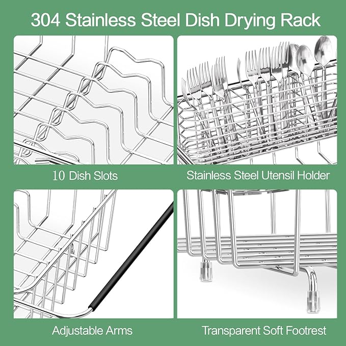 Large Sink Dish Drying Rack, Expandable 304 Stainless Steel Metal Dish Drainer Rack Organizer Shelves with Stainless Steel Utensil Holder Over Inside Sink, Rustproof
