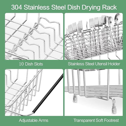 Large Sink Dish Drying Rack, Expandable 304 Stainless Steel Metal Dish Drainer Rack Organizer Shelves with Stainless Steel Utensil Holder Over Inside Sink, Rustproof