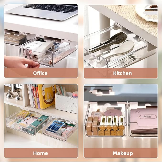2 Pack Under Desk Storage Drawers Slide Out-Drill-On or Self-Adhesive,Large&Medium Drawer Under Desk Organizer Under Table Drawer for Home Office School Organization and Storage