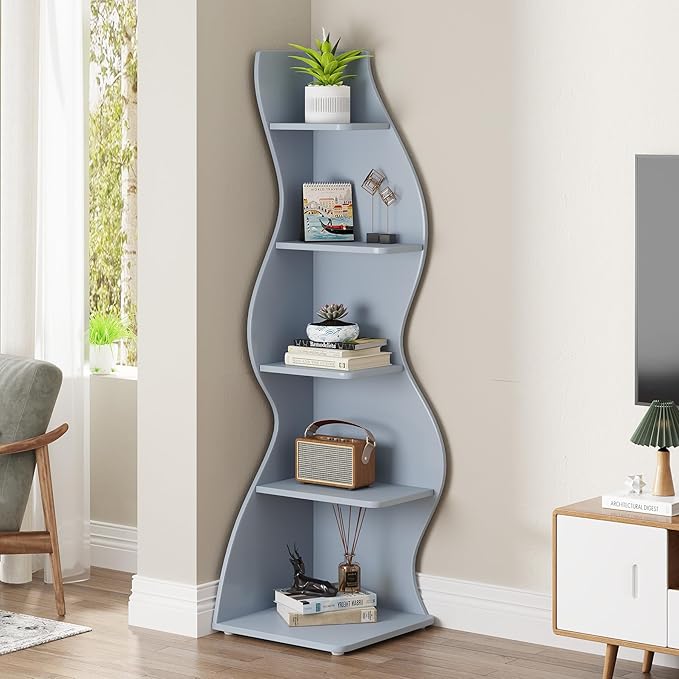 Tribesigns Corner Shelf, Modern 5-Tier Wall Corner Bookshelf, Stylish Corner Small Bookcase Storage Rack Plant Stand with Unique Shape for Living Room, Home Office (Blue, 2PCS)