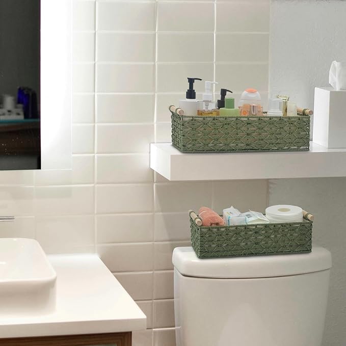 Toilet Paper Baskets for Organizing[2 pack],Paper Rope Wicker Storage Basket with Handle, Bathroom Basket for Bedroom, Nursery, Living Room. (green)