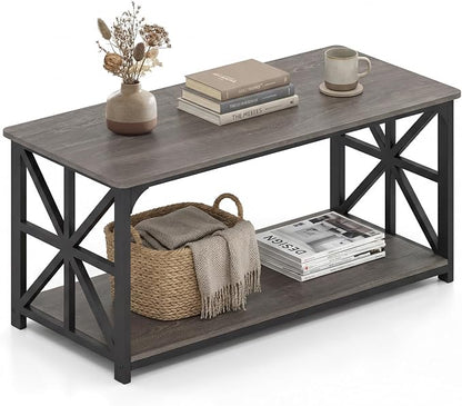 Giantex Farmhouse Coffee Table, 43" Center Table with Storage & X-Shaped Frames, 2-Tier Modern Accent Cocktail Tea Table, Rectangular Wooden Living Room Tables for Small Spaces, Grey Oak