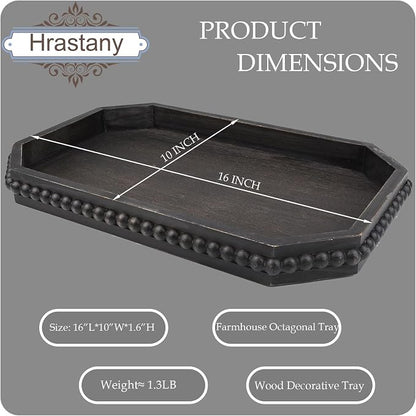 Hrastany Wood Rustic Serving Tray with Beads, Farmhouse Vintage Black Decorative Tray for Table Centerpiece, Christmas Wedding Halloween Home Decor