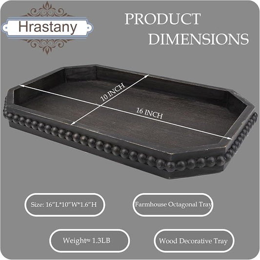 Hrastany Wood Rustic Serving Tray with Beads, Farmhouse Vintage Black Decorative Tray for Table Centerpiece, Christmas Wedding Halloween Home Decor