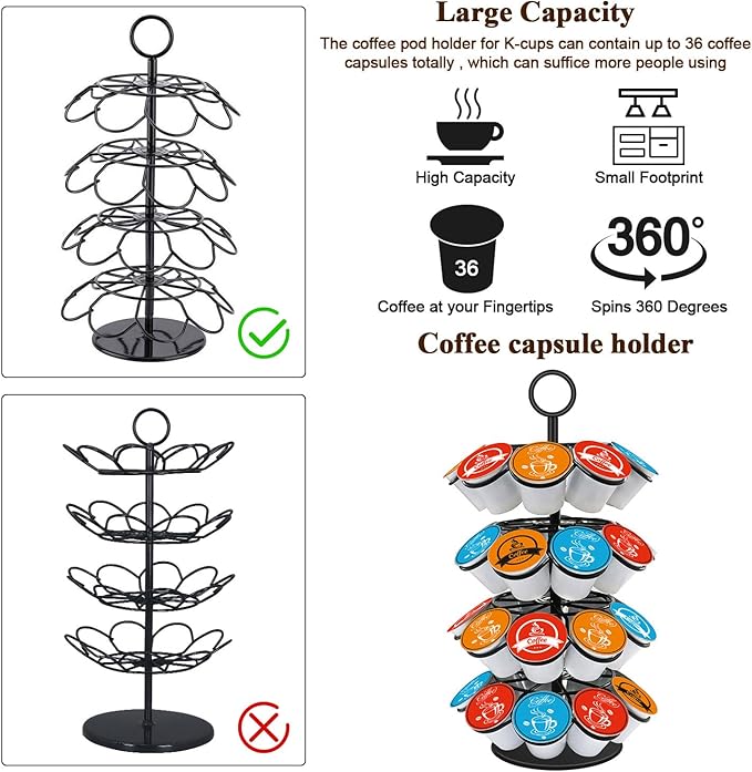 Coffee Pod Carousel Holder,Compatible with K-Cups Organizer Compatible with 36 Cup Pods,Spins 360-Degrees
