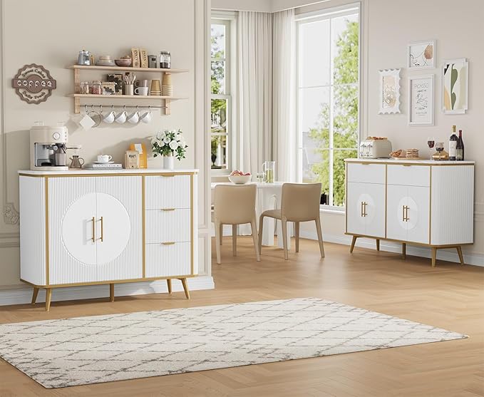 47.2" Buffet Storage Cabinet, Modern Fluted Coffee Bar Station with 2 Drawers & Adjustable Shelves, Kitchen Sideboard Buffet for Dining Room, Living Room, Hallway, White
