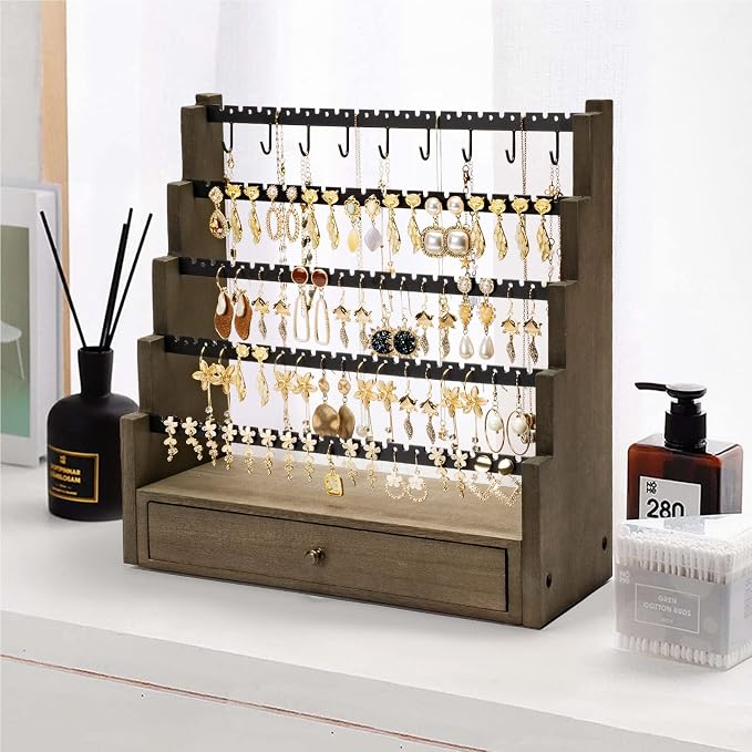 Pinzoveco Earring Organizer, 5 Layer Earring Holder Organizer with Necklace Holder Pole, Rustic Wood Jewelry Organizer Stand Display for Stud Earring Bracelet Necklace Ring, 175 Earring Holes