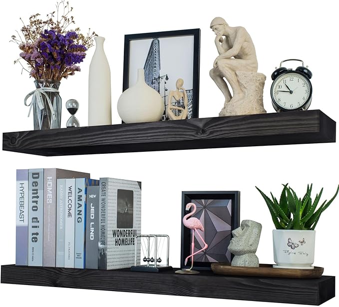 Wood Floating Shelves 36 inch Long Set of 2,8 inch deep Solid Wood Wall Mounted Shelves for Living Room Kitchen,Book Shelf for Wall with Hidden Bracket- Black