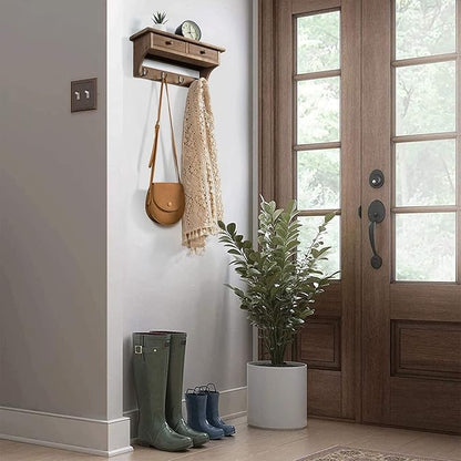 Emfogo Coat Hooks Mounted, Rustic Wood Coat Rack Mount Shelf with Hooks, Farmhouse Coat Rack with Shelf & Coat Hook for Entryway, Mudroom, Bedroom, Kitchen, Bathroom(Walnut)