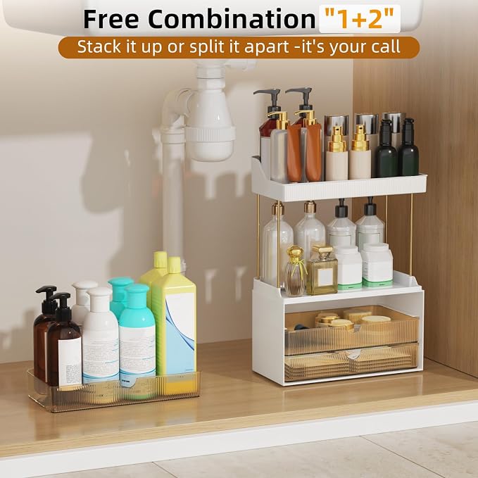 StorBin 2 Sets 6 Drawers Makeup Organizer – 5 Tier Bathroom Organizers and Storage, Versatile Perfume Vanity Organizer, Ideal for Cosmetic, Large Skincare, Face Mask, Office Supplies, Amber