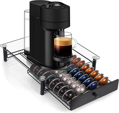 Tempered Glass Coffee Pod Drawer, Nespresso Vertuo Capsule Holder Organizer for 40 Pods, Under Coffee Maker Storage, Compatible with Vertuo Next/Plus, 14.76"x12.99"x3.5"