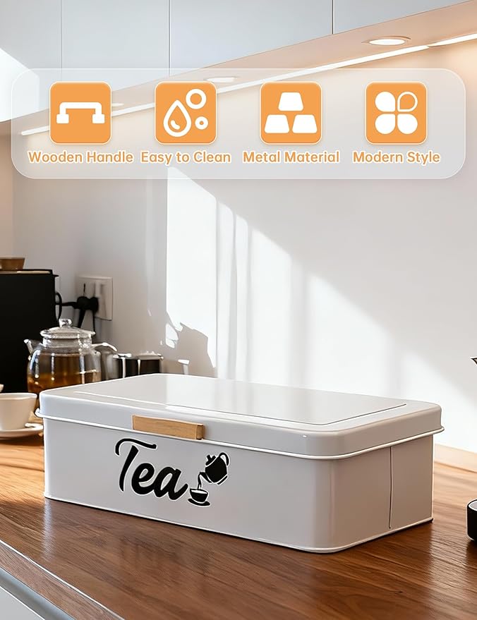 Farmhouse Tea Bag Organizer, Tea Bag Holder with 8 Compartments for Countertop, Tea Box Organizer with Wooden Handle for Home Kitchen