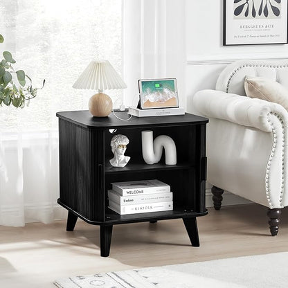 Farmhouse Square End Table with Charging Station, 24" Large Fluted Sofa Side Table with Sliding Tambour Door and Storage, Rustic Curved Wood Nightstand for Living Room, Bedroom, Black
