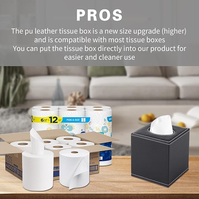 PU Leather Tissue Box Cover Square,Upgrade Large Size Napkin Holder Pumping Paper Case Dispenser,Facial Tissue Holder with Magnetic Bottom for Home Office Car Hotel Restaurant Black (Black-1)