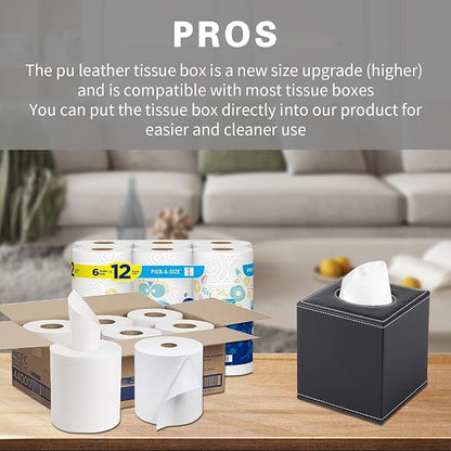 PU Leather Tissue Box Cover Square,Upgrade Large Size Napkin Holder Pumping Paper Case Dispenser,Facial Tissue Holder with Magnetic Bottom for Home Office Car Hotel Restaurant Black (Black-1)