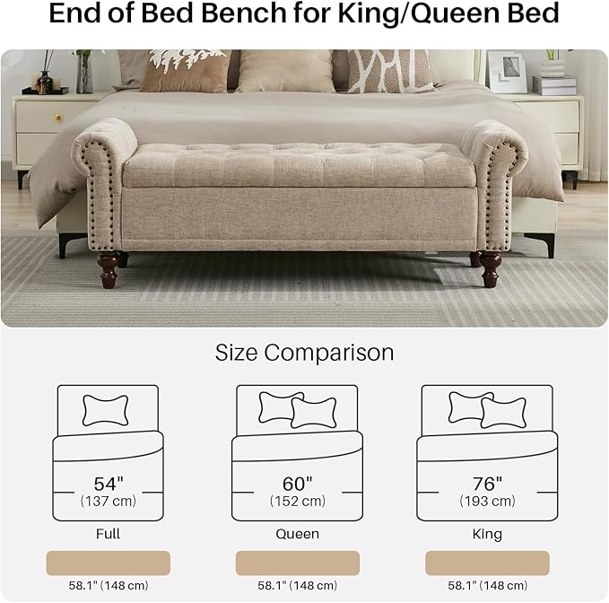 58.1" Storage Bench Upholstered Chenille End of Bedroom Bed Bench Ottoman with Tufted Cushioned Rolled Arm Large Storage Space for Reading Living Room Entryway, Light Brown