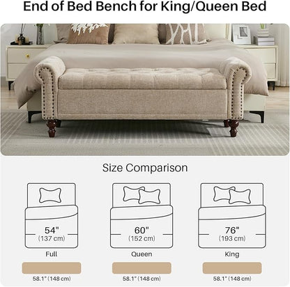 58.1" Storage Bench Upholstered Chenille End of Bedroom Bed Bench Ottoman with Tufted Cushioned Rolled Arm Large Storage Space for Reading Living Room Entryway, Light Brown