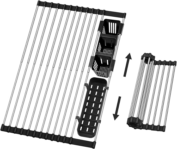 Extra Large Expandable Roll Up Dish Drying Rack, 22.8 x 17.3 in with Expandable Storage Basket Over The Sink Rolling Dish Drainer, Foldable Sink Dish Drainer for Kitchen Counter,Black