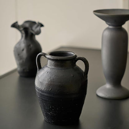 Wild Works Bailey Handmade Black Vase with 2 Ear Design - 9.6'' Tall Terracotta Vase, Vintage Rustic Antique Decor, Black Ceramic Vases, Flower for Living Room, Entrance,Wabi-sabi Decorations