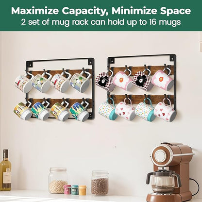 EsLuker.ly Mug Holder Hanger Rack Wall Mounted Wooden 2 Pack Coffee Cup Storage Organizer Display Shelf with 16 Movable Plastic Hooks, Ideal for Mug Collectors
