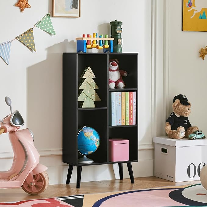 LEYAOYAO 5 Cube Bookshelf 3-Tier Bookcase with Legs,Mint Black Kids Book Shelf Cute Storage Organizer,Free Standing Open Toy Shelves Wood Bookshelves,Display Bookcases for Bedroom,Living Room,Nursery