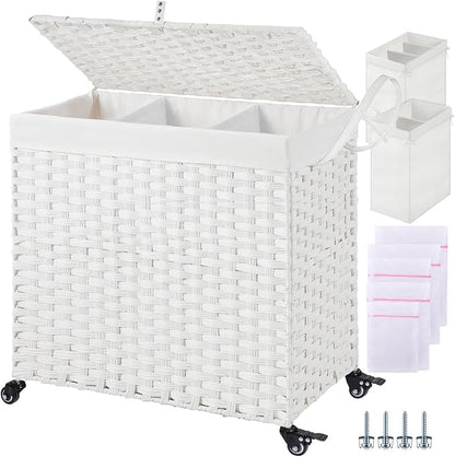 Greenstell Laundry Hamper with Wheels&Lid,130L Large 3 Sections Clothes Hamper with 2 Types Removable Liner Bags, 5 Mesh Laundry Bags, Handwoven Divided Laundry Basket White