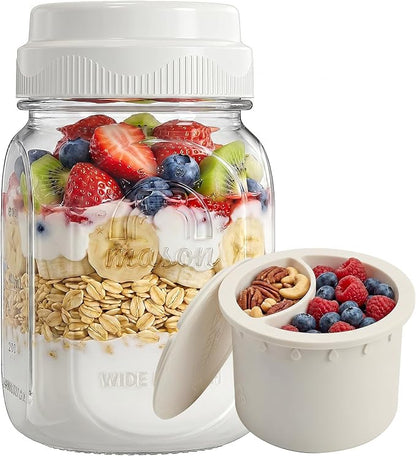 Syntic Glass Overnight Oats Containers with Lids & Silicone Divider, Airtight Reusable 32 oz Mason Jars for Meal Prep, Yogurt Parfait, Chia Pudding, Salad, Cereal, Dishwasher Safe