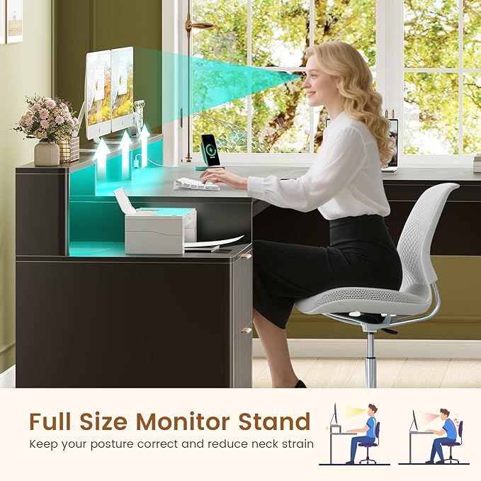 SEDETA 66" Modern L Shaped Desk with Drawers, Fluted Home Office Desk with File Cabinet and Printer Shelf, Wood Executive Desk with Monitor Stand, Led Lights, Power Outlets, Black