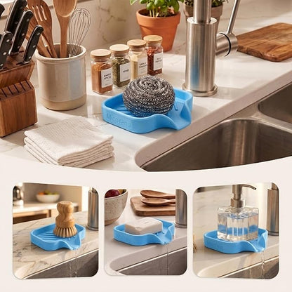 MicoYang Silicone Soap Dish with Drain Spout, Self-Draining Sink Organizer Tray for Bathroom & Kitchen, Sponges, Dispensers & Soap Holder, Non-Slip and Dishwasher Safe, Light Blue (Compact, 4.9"×3.2")