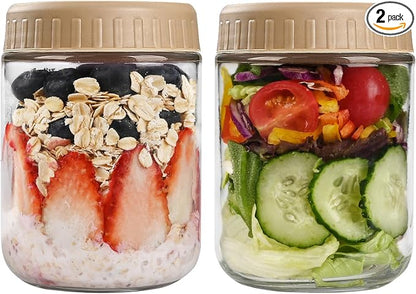 SHOWIN Overnight Oats Containers with Lids, 16oz Glass Jars with Lids 2 pcs, Taffy, Wide Mouth Mason jars for Salad, Yogurt, Snacks, Meal Prep