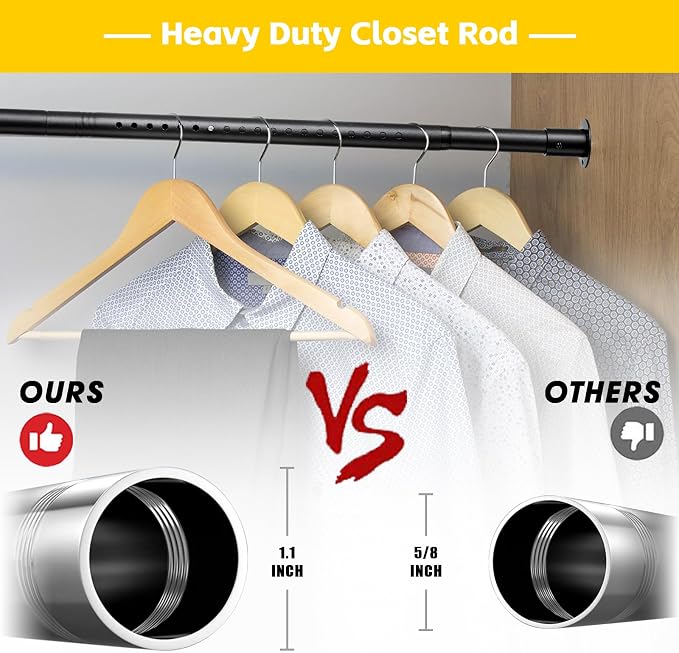 Closet Rod,17 to 82 Inch Adjustable Closet Rods for Hanging Clothes Heavy Duty Closet Hanging Rod Metal Black Closet Poles for Wardrobes