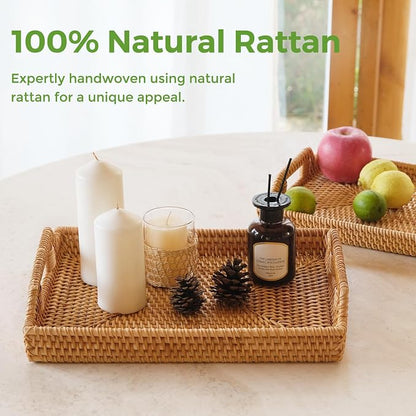 Rattan Serving Tray with Handles, Natural Woven Wicker Tray, Rattan Serving Rectangle Wicker Trays for Decor Coffee Table Breakfast (14.5" × 10")