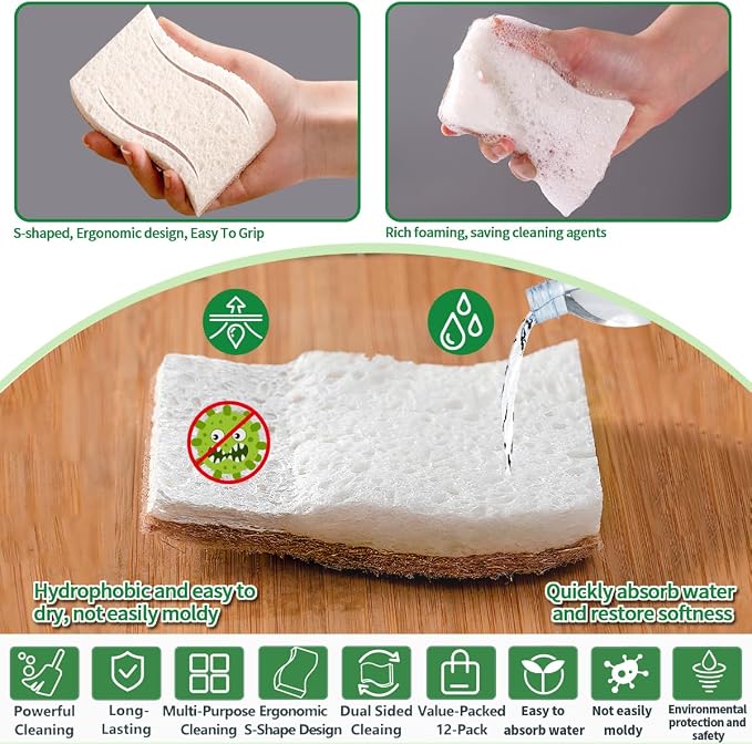 Sponges Kitchen Natural Dish Sponge Plant-Based Biodegradable Compostable Cellulose with Coconut Scrubber Sponge Non Scratch Eco Friendly Kitchen sponges for Kitchen Dishes（Pack of 12）