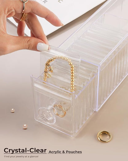 HOMEHIVE Clear Acrylic Jewelry Organizer Box with 20 Portable Pouches, Jewelry Storage Case for Women Girls, Tangle-Free, Anti-Tarnish, Compact Storage for Necklaces/Earrings/Rings, Upgraded Clear