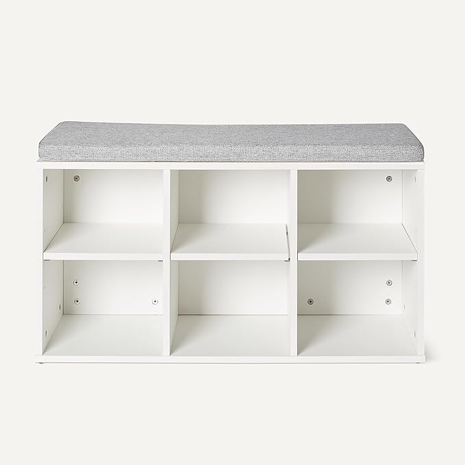 Amazon Basics Shoe Storage Bench with Cushion, 6 Cubbies, Adjustable Shelves, White