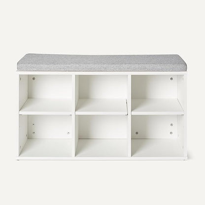 Amazon Basics Shoe Storage Bench with Cushion, 6 Cubbies, Adjustable Shelves, White