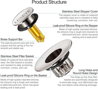 LEKEYE Tub Stopper | Shower Drain Hair Catcher | Pop-up Drain Stopper with Strainer | Bathroom Bathtub Plug | Drain Protector for 1-1/2 to 1-3/4" Bath Drain Hole - Brushed Nickel