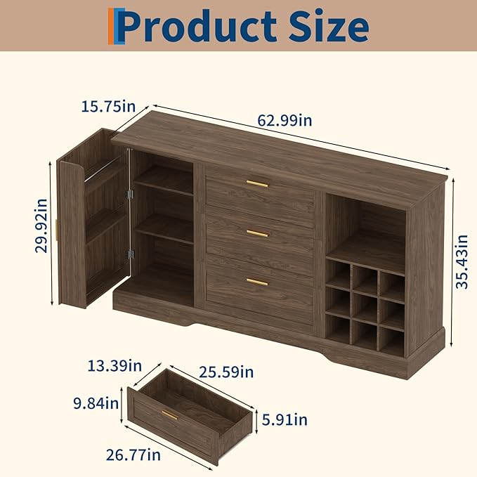 GarveeHome 63 Inch Farmhouse Sideboard Buffet with Drawer Adjustable Shelves,Kitchen Island with Door-Back Rack for Snacks,Coffee Bar Buffet with Wine Racks Storage for Kitchen Entryway Rustic Walnut