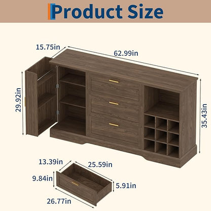 GarveeHome 63 Inch Farmhouse Sideboard Buffet with Drawer Adjustable Shelves,Kitchen Island with Door-Back Rack for Snacks,Coffee Bar Buffet with Wine Racks Storage for Kitchen Entryway Rustic Walnut