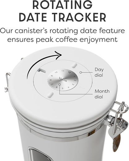 Veken Coffee Canister with Window, Airtight Stainless Steel Kitchen Food Storage Container with Lids, Date Tracker and Scoop for Ground, Beans, Tea, Flour, Cereal, Sugar Jars, 22OZ, White