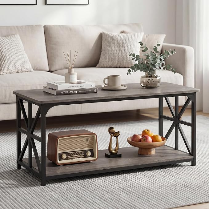 Giantex Farmhouse Coffee Table, 43" Center Table with Storage & X-Shaped Frames, 2-Tier Modern Accent Cocktail Tea Table, Rectangular Wooden Living Room Tables for Small Spaces, Grey Oak