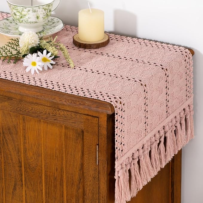 Socomi Boho Table Runner Valentine's Day Farmhouse Rustic Dining Kitchen Centerpiece Decor Long Macrame Woven Cotton Linen Coffee Table Runner for Dresser Scarf Home Decor Pink 12" x 108"