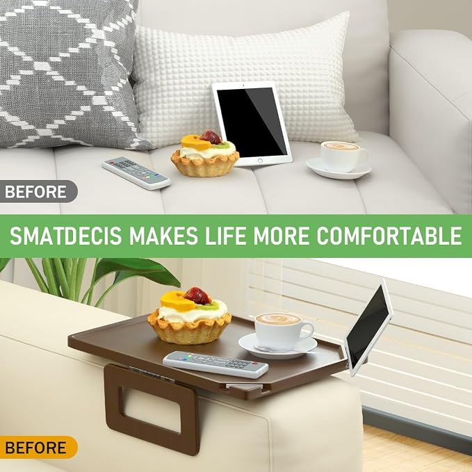 Smatdecis Couch Arm Tray Table Sofa Arm Clip, Armrest Tray Table Suitable for Home Drinks/Fast Food/Fruit Etc, Large Size Multi-Function Brown(Dual Phone/Tablet Holder)