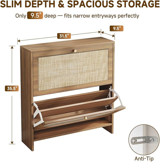Nicetree Shoe Cabinet Storage for Entryway, 2-Flip Drawer Narrow Shoe Rack, Organic Modern Rattan Shoe Organizer with Gold Legs, Shoe Organizer Fits Men's Size 13.5, Toasted Caramel Walnut