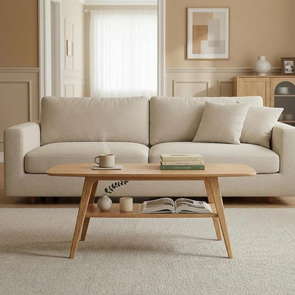 Solid Wood Coffee Table - 2-Tier Wooden Center Coffee Table with Storage Shelf for Living Room, Apartment, and Office