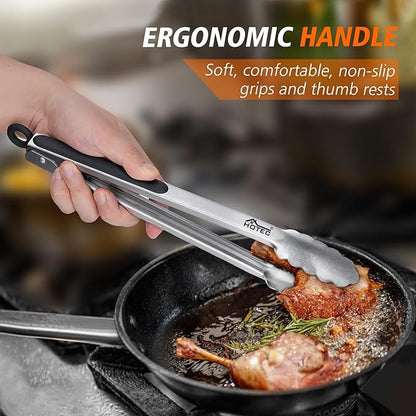 Hotec Stainless Steel Kitchen Tongs, Set of 3-7", 9" and 12", Locking Metal Food Tongs for Cooking, Serving, BBQ, Grill with Non-Slip Grip