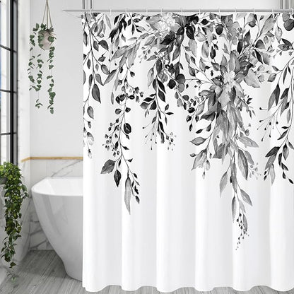 Gibelle Long Shower Curtain 72 x 78, Black and White Floral Shower Curtain, Watercolor Plant Eucalyptus Leaves Fabric Shower Curtain Set